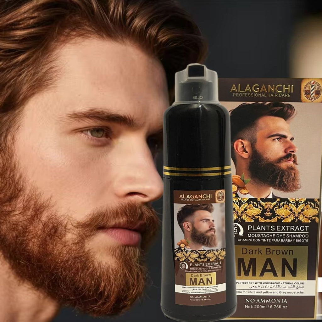 Alaganchi Plant Extract Beard & Moustache Dye Shampoo for Men – Dark Brown, 15-Min Fast Color, No Ammonia, Gray Coverage (200 mL / 6.76 fl oz)