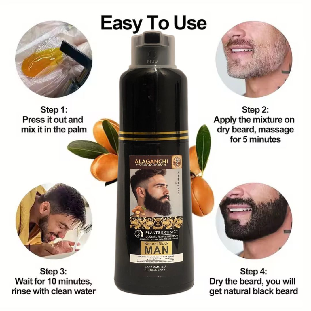 Alaganchi Plant Extract Beard & Moustache Dye Shampoo for Men – Natural Black, 5-Min Fast Color, No Ammonia, Gray Coverage (200 mL / 6.76 fl oz)