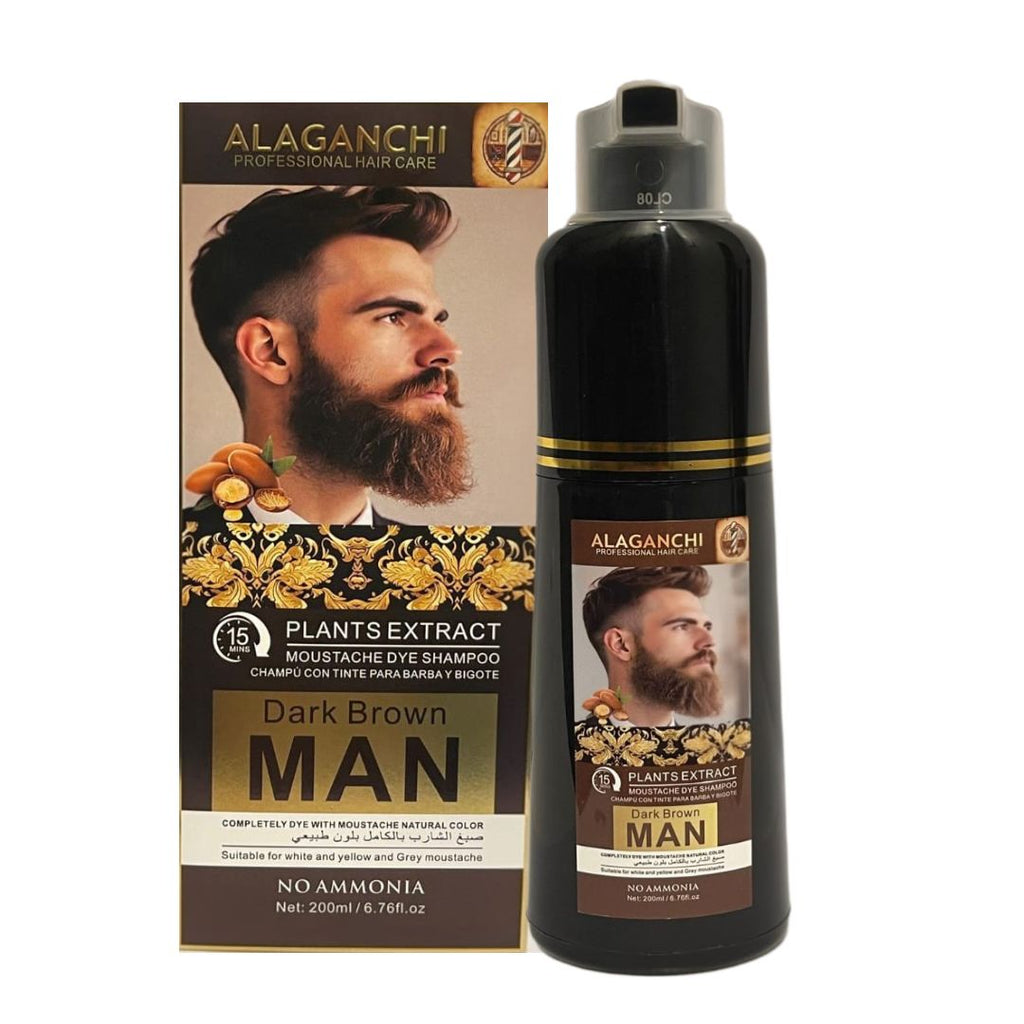Alaganchi Plant Extract Beard & Moustache Dye Shampoo for Men – Dark Brown, 15-Min Fast Color, No Ammonia, Gray Coverage (200 mL / 6.76 fl oz)