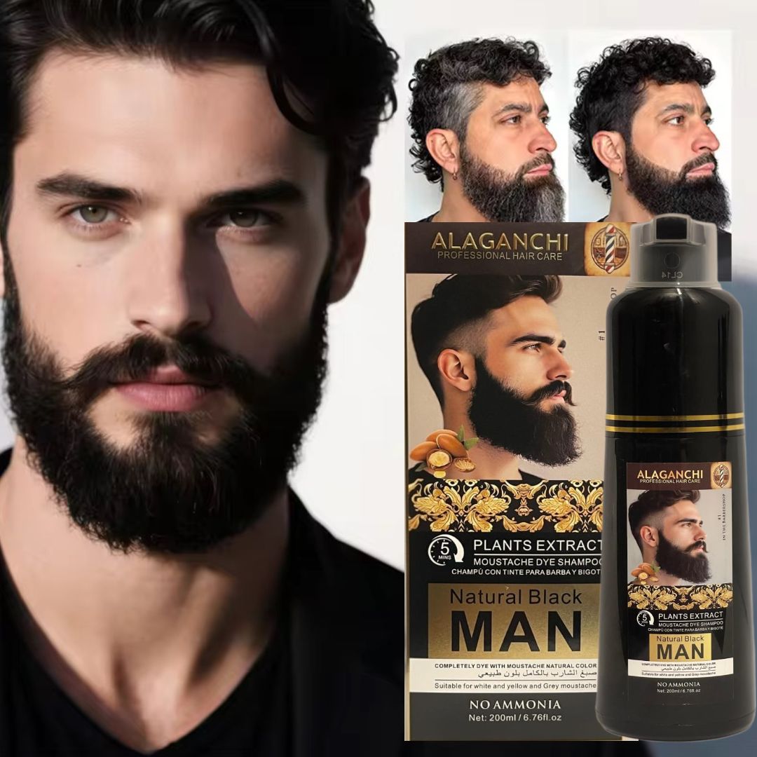 Alaganchi Plant Extract Beard & Moustache Dye Shampoo for Men – Natural Black, 5-Min Fast Color, No Ammonia, Gray Coverage (200 mL / 6.76 fl oz)