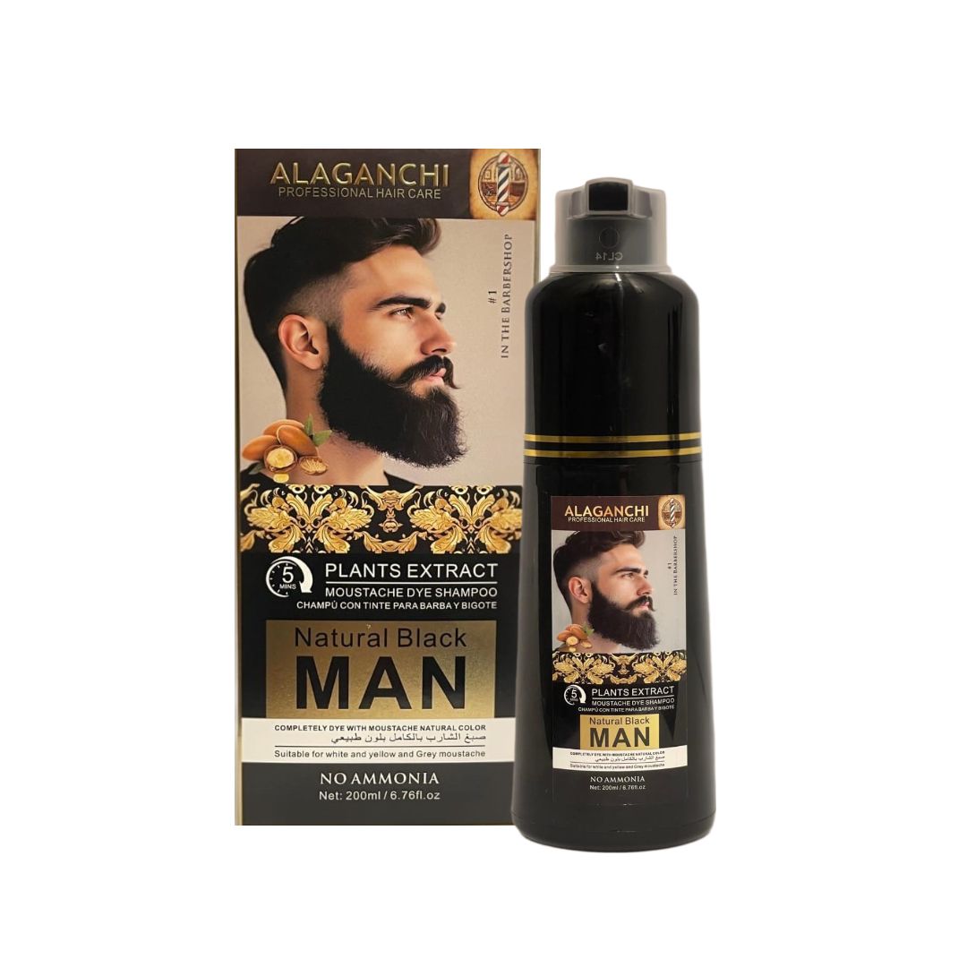 Alaganchi Plant Extract Beard & Moustache Dye Shampoo for Men – Natural Black, 5-Min Fast Color, No Ammonia, Gray Coverage (200 mL / 6.76 fl oz)