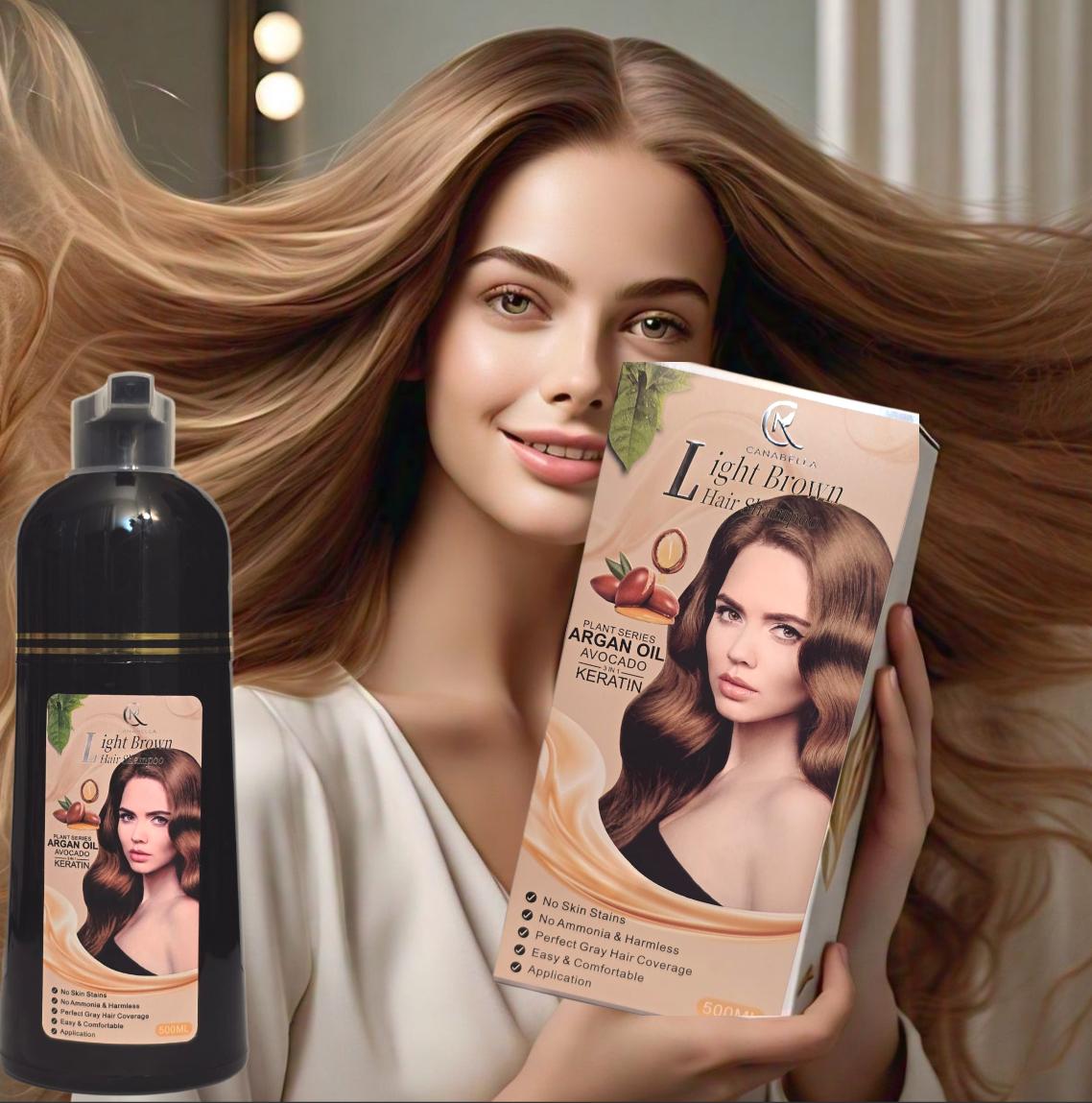 Canabella Hair Color Shampoo – Light Brown with Argan Oil, Avocado & Keratin – NO AMMONIA, Gray Coverage, Moisturizing Nourishment (500 mL)